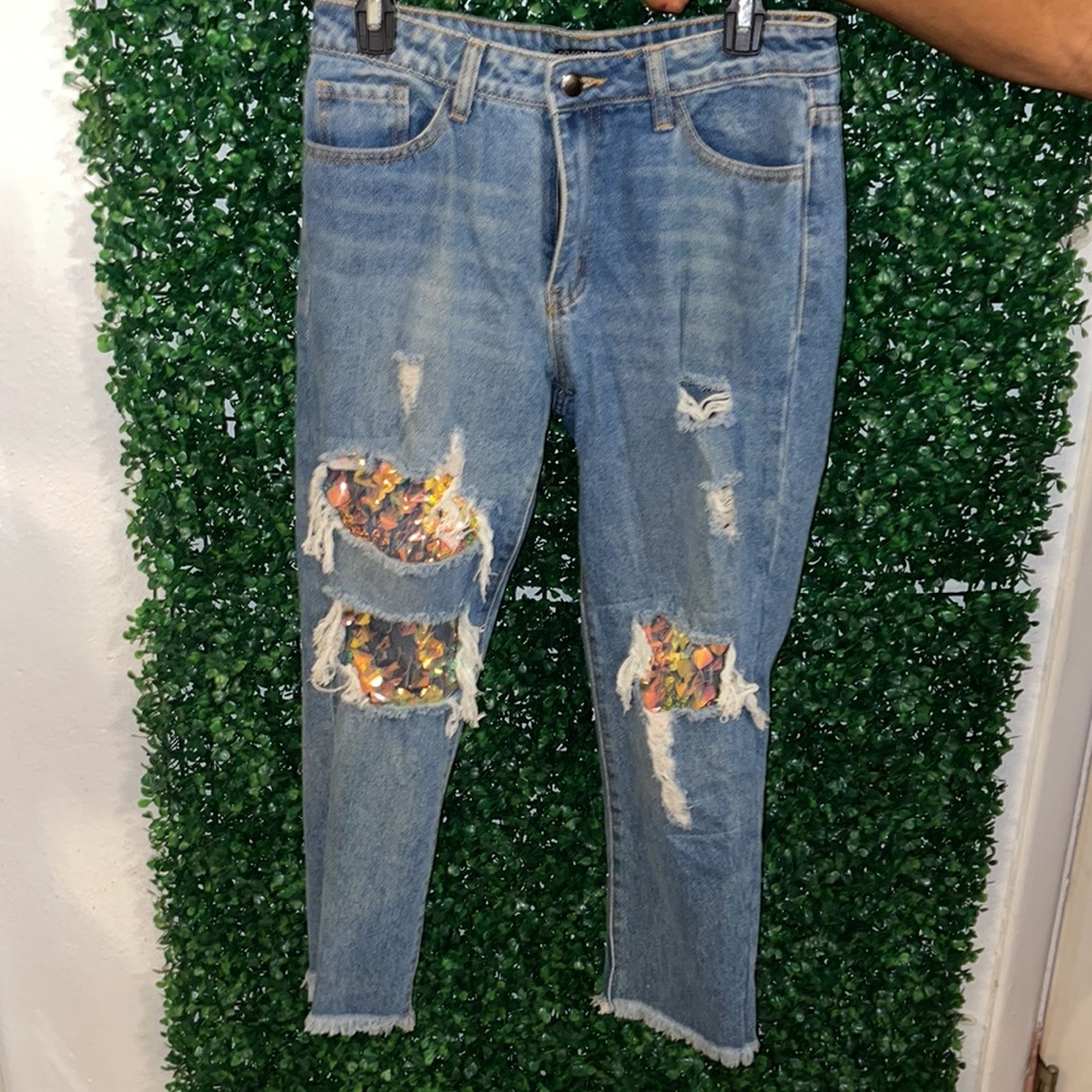 NWOT- Ripped sequin jeans - Picture 3 of 4